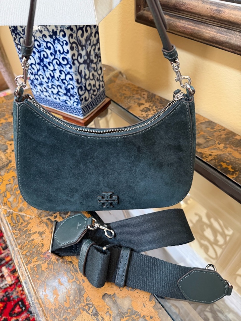 Tory Burch Dark Teal Suede Leather Hobo Small Shoulder Bag - Picture 5 of 8